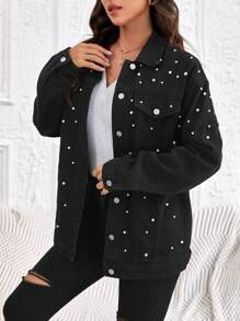 SHEIN LUNE Women's Denim Jacket With Pearl Decoration - Black - View 4