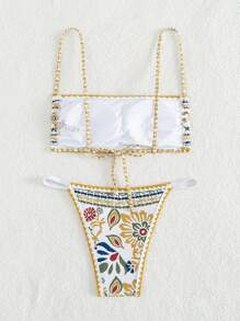 SHEIN Swim Summer Beach Floral Print Spaghetti Strap Bikini Set - Multicolor - View 4