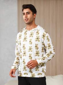 Men's Cartoon Bear Print Hooded Loungewear Top - White - View 7
