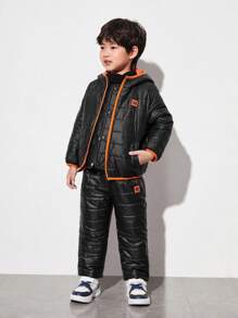 SHEIN 3 piezas Chaqueta con capucha acolchada holgada informal para niños, chaleco sin mangas y conjunto de pantalones, de felpa, abrigados
