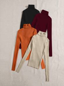 SHEIN LUNE 4pcs Turtleneck Ribbed Knit Sweater,Long Sleeve Tops