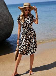 Sylviya Women's Leopard Print Dress With Waist Belt,Vacation - Black and White - View 4