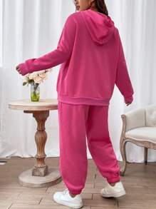 Flirla 大碼小袋口袋字母圖案連帽衫和運動褲 - 粉色 - 查看 2