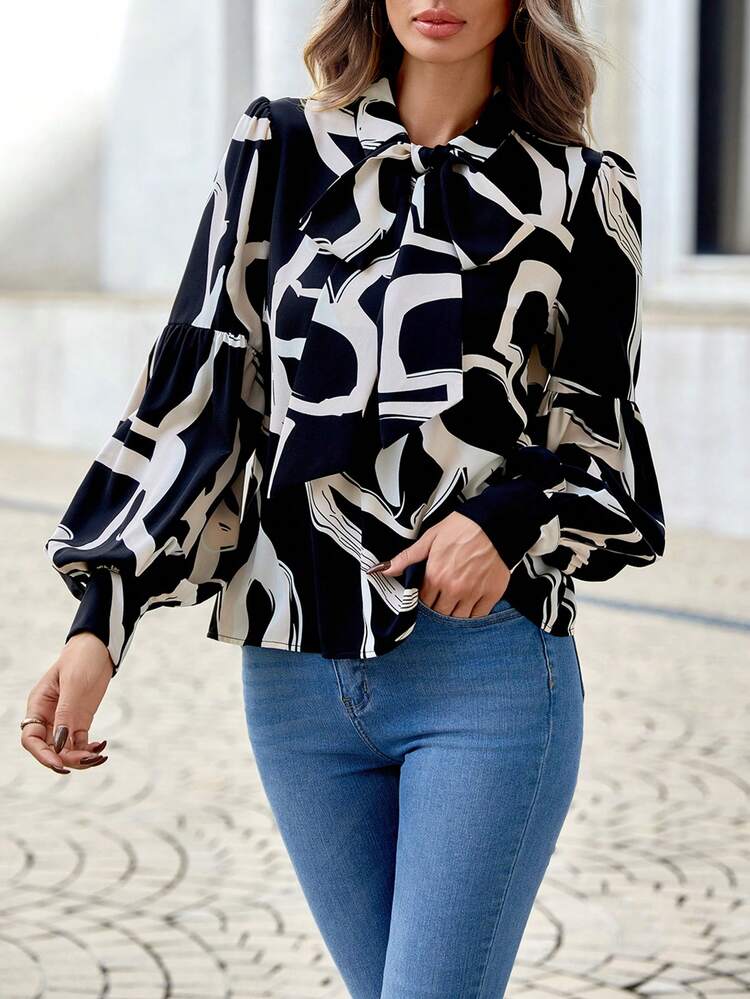 Tied Neckline Lantern Sleeve Top