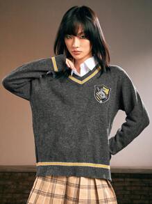 Harry Potter | ROMWE Sọc Cổ chữ V Áo chui đầu Áo len - Xám - Xem 1