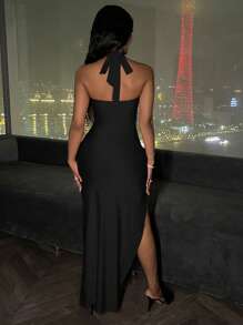 BamGleam Vestido de mujer tipo maxivestido con cuello de chal, cuello de halter y abertura en el bajo - Negro - Ver 2