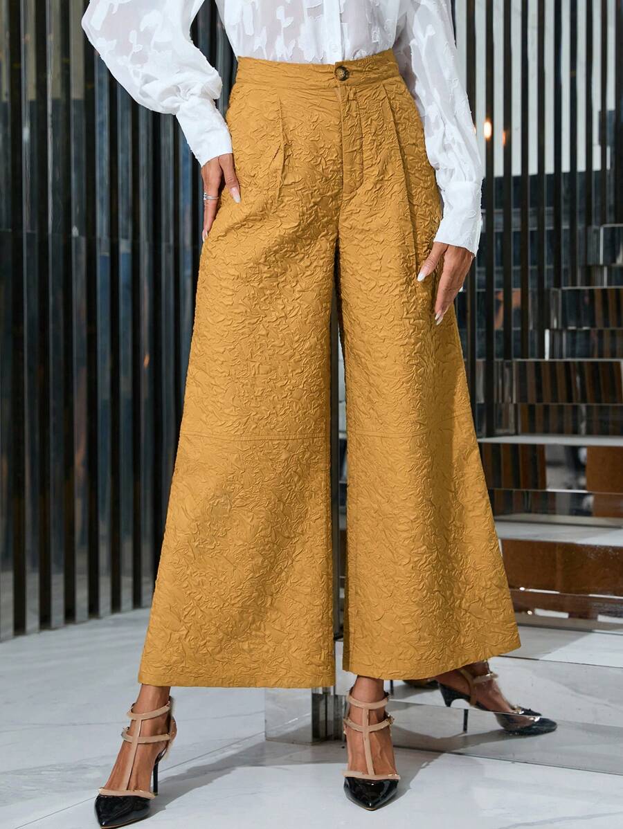 SHEIN Privé 斜口袋紋理寬褲 - 卡其色 - 查看 1