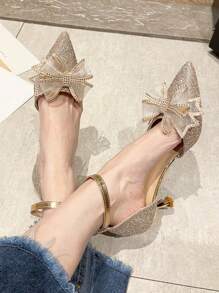 Zapatos de tacón alto elegantes dorados con moño para mujer, elegantes, para fiestas, bodas y atuendos - Dorado - Ver 3
