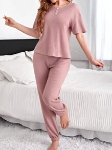 Women's Round Neck Button Decoration Homewear Set - Dusty Pink - View 3