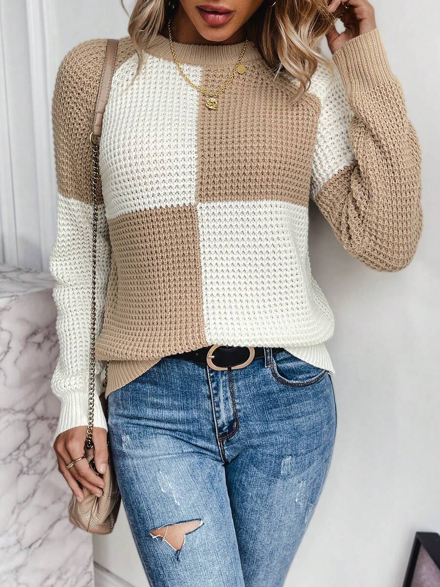 SHEIN Essnce 雙色插肩袖套頭毛衣 - 卡其色 - 查看 1