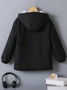 Tween Boy Letter Graphic Flap Pocket Teddy Lined Hooded Coat - Black - View 2