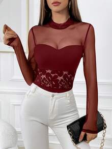 SHEIN Privé Contrast Mesh Mock Neck Bodysuit - Burgundy - View 5
