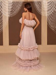 SHEIN Belle Off Shoulder Layered Mesh Ruffle Cake Dress For Women's Formal Evening Dress - Pink - View 5