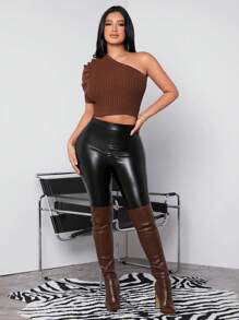 SHEIN SXY Gigot Sleeve One Shoulder Sexy Knitted Top For Women, Clubwear - Brown - View 5