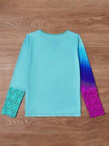 SHEIN LUNE Ombre Contrast Lace Button Front Tee Fall Cloth For Women - Multicolor - View 2