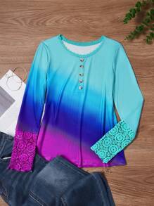 SHEIN LUNE Ombre Contrast Lace Button Front Tee Fall Cloth For Women - Multicolor - View 3