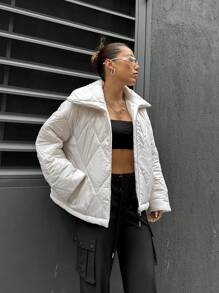 SHEIN Unity Solid Colored Stitching Stand Collar Winter Clothes Puffer Jacket - Light Grey - View 5