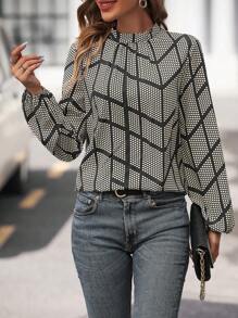 SHEIN LUNE 女款圓點燈籠袖襯衫 - 黑色 - 查看 1