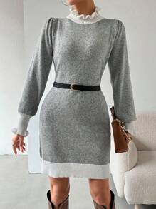 Calvaya Contrast Trim Flounce Sleeve Sweater Dress