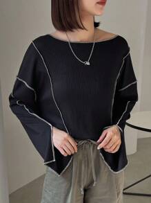 FRIFUL 女士宽松缝线细节圆领 T 恤，秋季服装长袖女上衣 - 黑色 - 查看 5