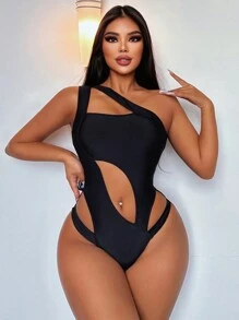 Swim SXY 純色中空性感泳衣連體衣 - 黑色 - 查看 1