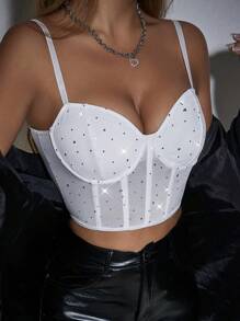 Allurite 无袖短款上衣，钻石装饰，收腰设计，性感时尚 - 白色 - 查看 3