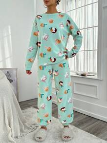 RueChic Ladies Cartoon Cat Print Pajama Set - Mint Green - View 4