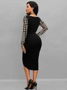 SHEIN Lady 女士千鸟格印花长袖圆领修身优雅办公室通勤连衣裙，春秋装 - 棕色 - 查看 2