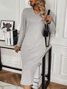 SHEIN Clasi Women's Hooded Sweater Dress - Grey - View 5