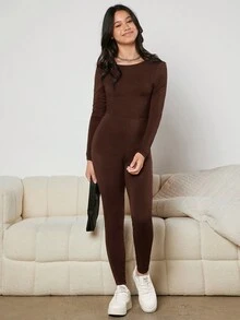 Teenage Girls' Knitted Plain Jumpsuit With U-Neck And Back - Brown - View 4