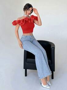 Aloruh Off Shoulder Red Casual Women's Shirt - Red - View 3