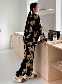 DAZY Conjunto de pijama con estampado de oso, hombros caídos, para otoño e invierno - Negro - Ver 2