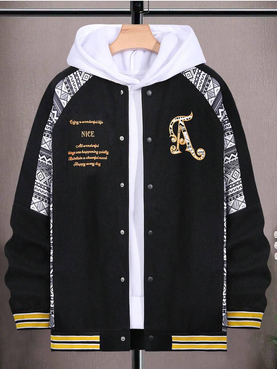 Manfinity Homme Loose Fit Men's Overcoat With Geometric & Slogan Graphic, Raglan Sleeves And Without Hoodie - Multicolor - View 1