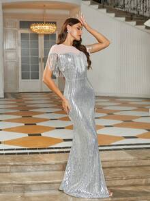 Missord Tassel & Sequin Contrast Mesh High-Low Split Evening Party Dress - Silver - View 7
