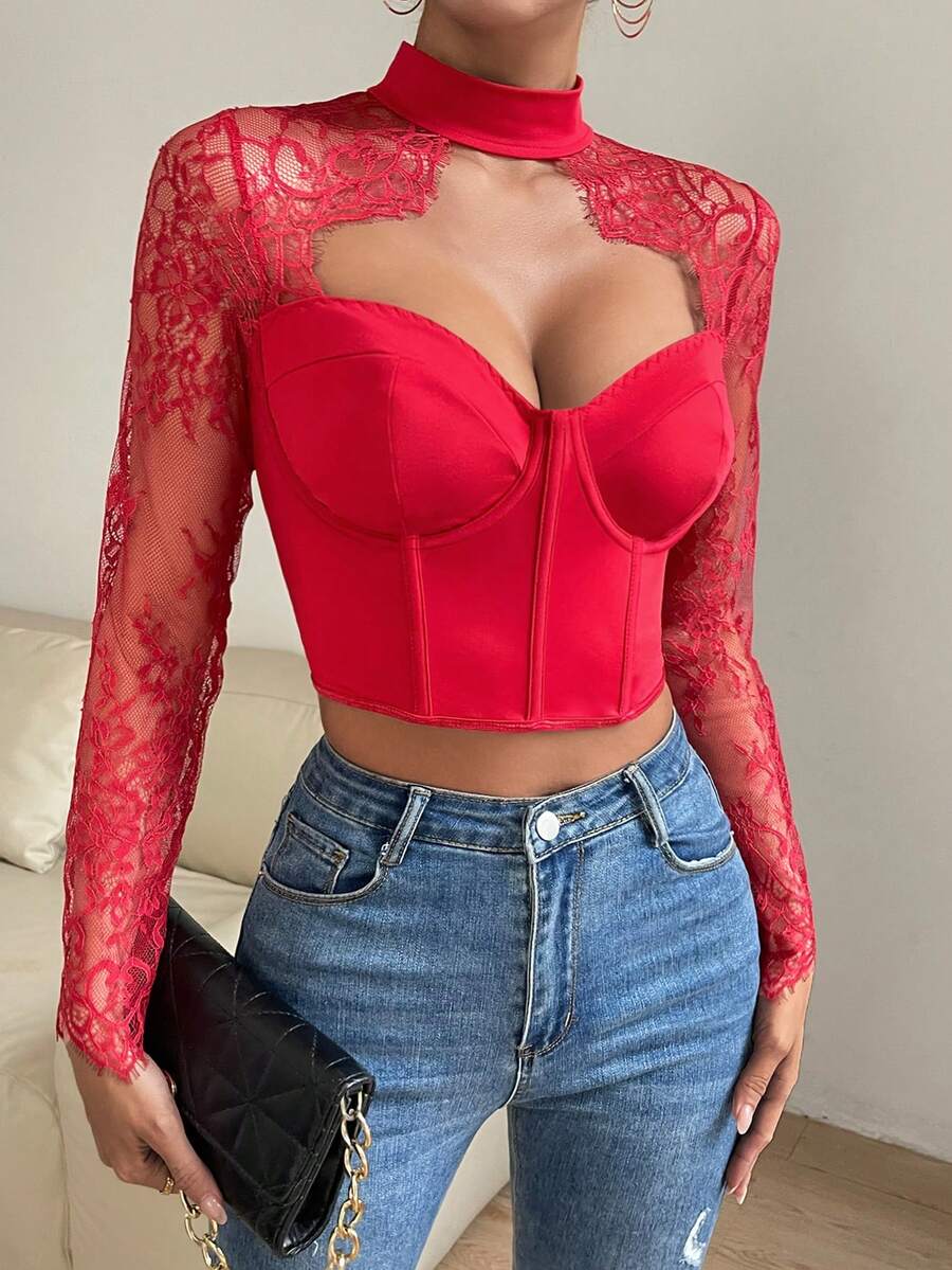 SHEIN Allurite Women's Patchwork Lace Top - Red - View 1