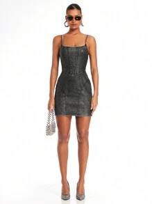 SHEIN BAE 女性性感黑色細肩帶牛仔裙 - 黑色 - 查看 4