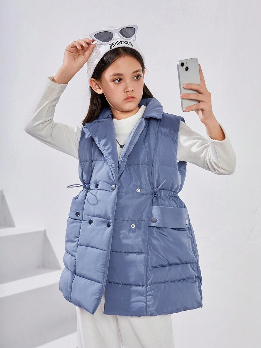 Tween Girl 1pc Lapel Neck Drawstring Waist Vest Coat,In Fall/Winter - Blue - View 1