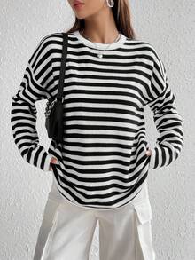 SHEIN Unity Striped Pattern Drop Shoulder Sweater - Black and White - View 6