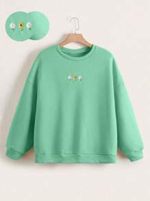 Flirla Plus Size Floral Embroidery Round Neck Pullover Sweatshirt - Green - View 1