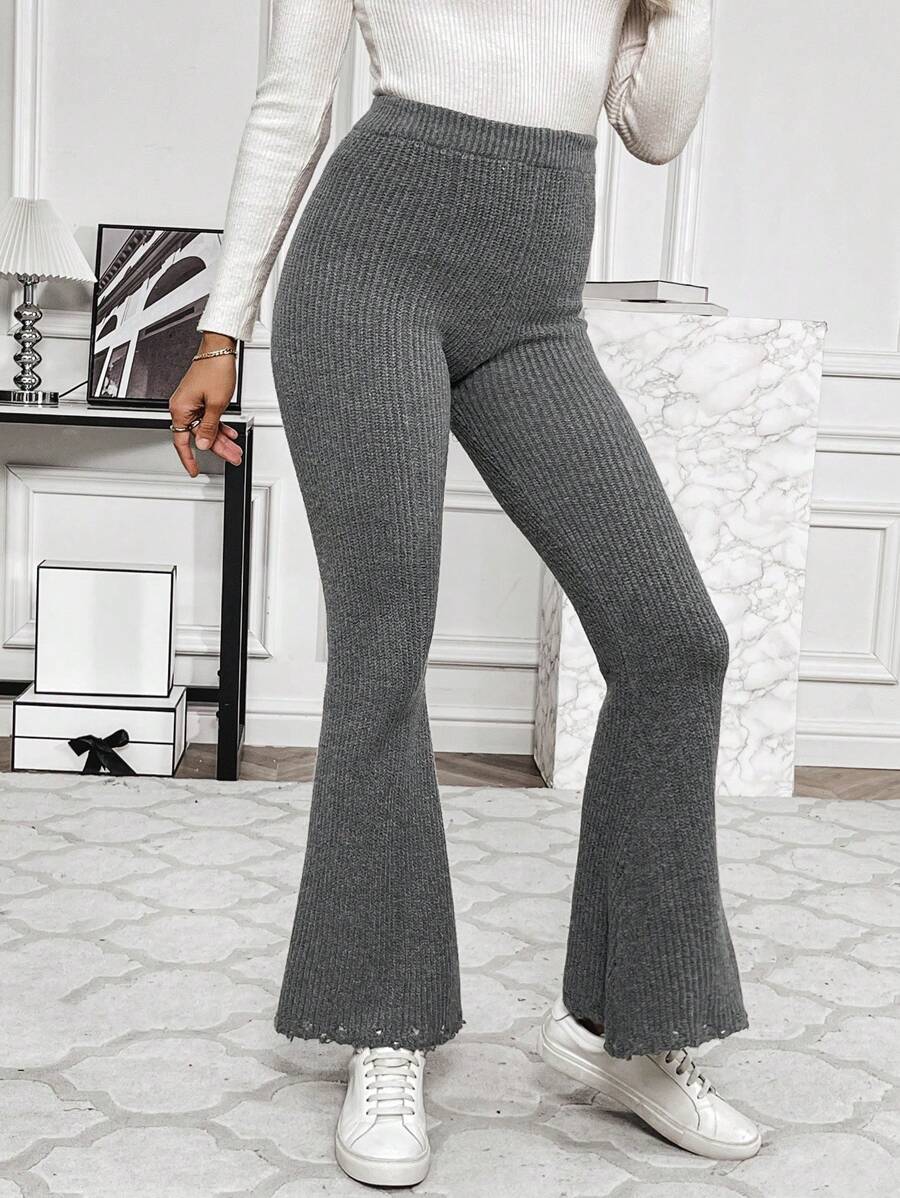 Chiquease Elastic Waist Flare Leg Knit Pants - Dark Grey - View 1