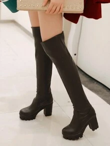 de moda impermeable sobre rodilla Botas con punta redonda , grueso Zapatos de tacón de aguja - Negro - Ver 2