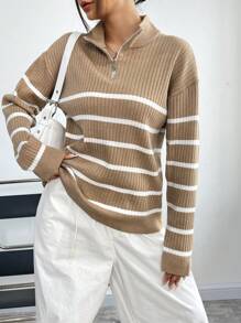 SHEIN EZwear 女款半拉鍊小高領條紋毛衣 - 卡其色 - 查看 5