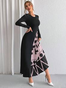 SHEIN Privé 女士幾何圖案百褶連身裙 - 黑色 - 查看 4