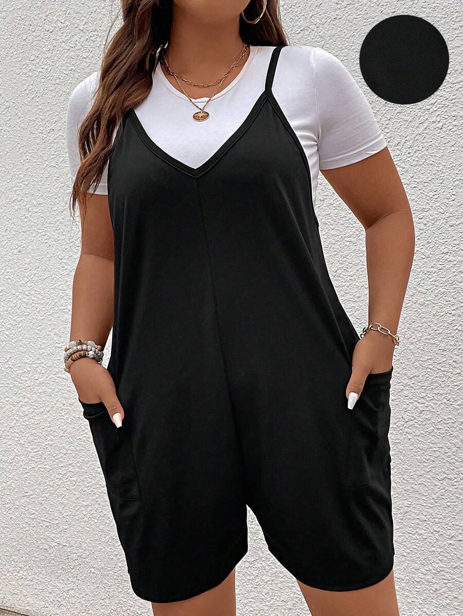 SHEIN LUNE Mono suelto de unicolor informal con tirantes para mujeres de talla grande - Negro - Ver 1