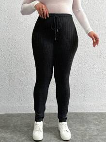 Calvaya 大尺碼羅紋抽繩緊身打底褲 - 黑色 - 查看 4