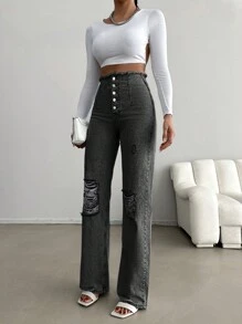 SHEIN Cottnline جينز بأزرار ممزقة - رمادي غامق - مشاهدة 6