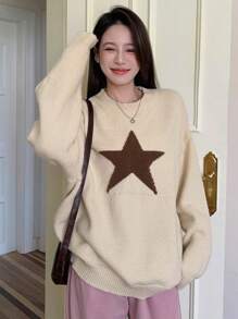 DAZY 星星图案落肩超大毛衣 Y2K、长袖上衣、秋装 - 杏色 - 查看 4