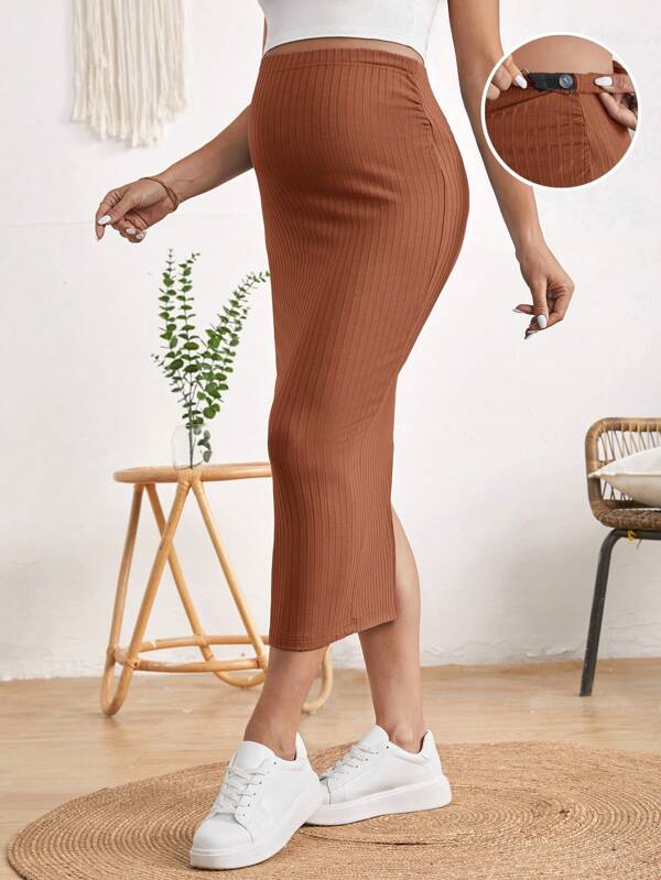SHEIN Maternity Adjustable Waist Split Back Rib-knit Pencil Skirt