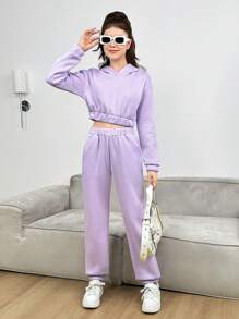 Solid Color Teenage Girls' Hoodie And Sweatpants Two Piece Set - Purple - View 3