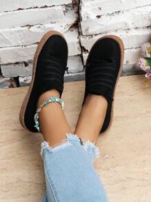 Women's Retro Colorful Sewing Thread Mid-top Athletic Shoes With Round Toe, Spring/autumn Casual Flat Heel Holiday Style Black Flat Shoes